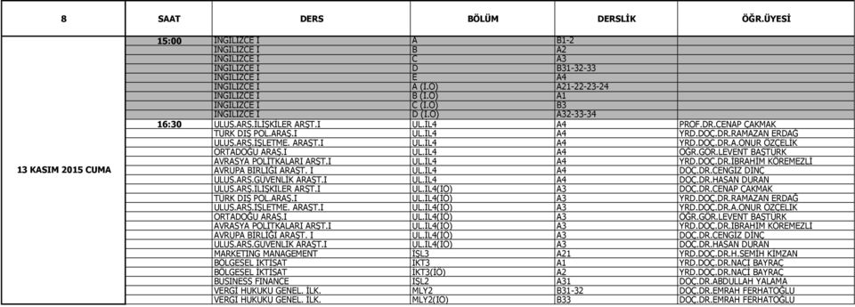 ARS.İŞLETME. ARAŞT.I UL.İL4 A4 YRD.DOÇ.DR.A.ONUR ÖZÇELİK ORTADOĞU ARAŞ.I UL.İL4 A4 ÖĞR.GÖR.LEVENT BAŞTÜRK AVRASYA POLİTKALARI ARŞT.I UL.İL4 A4 YRD.DOÇ.DR.İBRAHİM KÖREMEZLİ AVRUPA BİRLİĞİ ARAŞT. I UL.