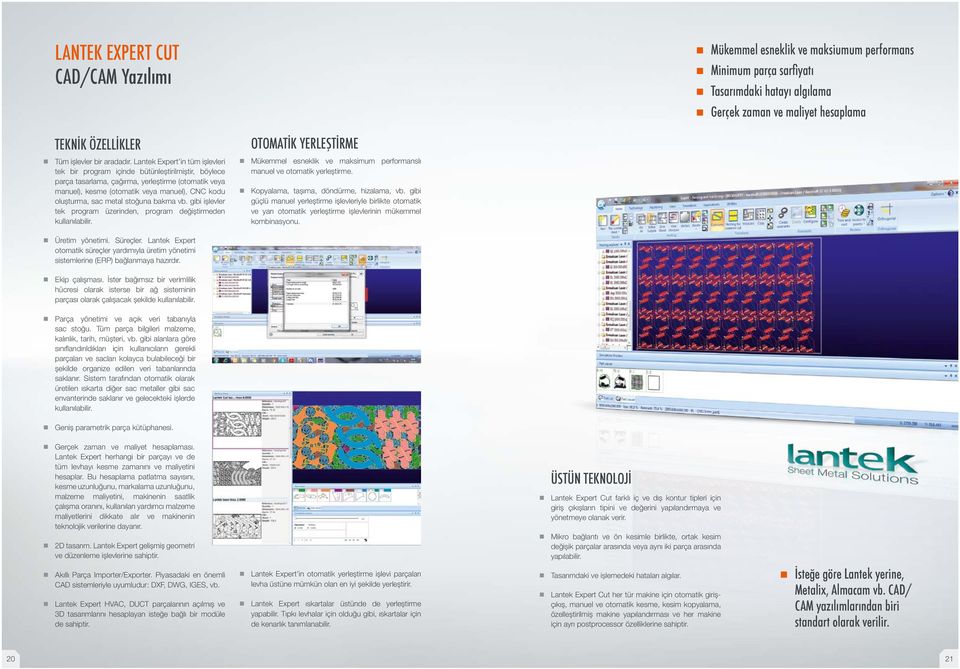 Lantek Expert in tüm işlevleri tek bir program içinde bütünleştirilmiştir, böylece parça tasarlama, çağırma, yerleştirme (otomatik veya manuel), kesme (otomatik veya manuel), CNC kodu oluşturma, sac