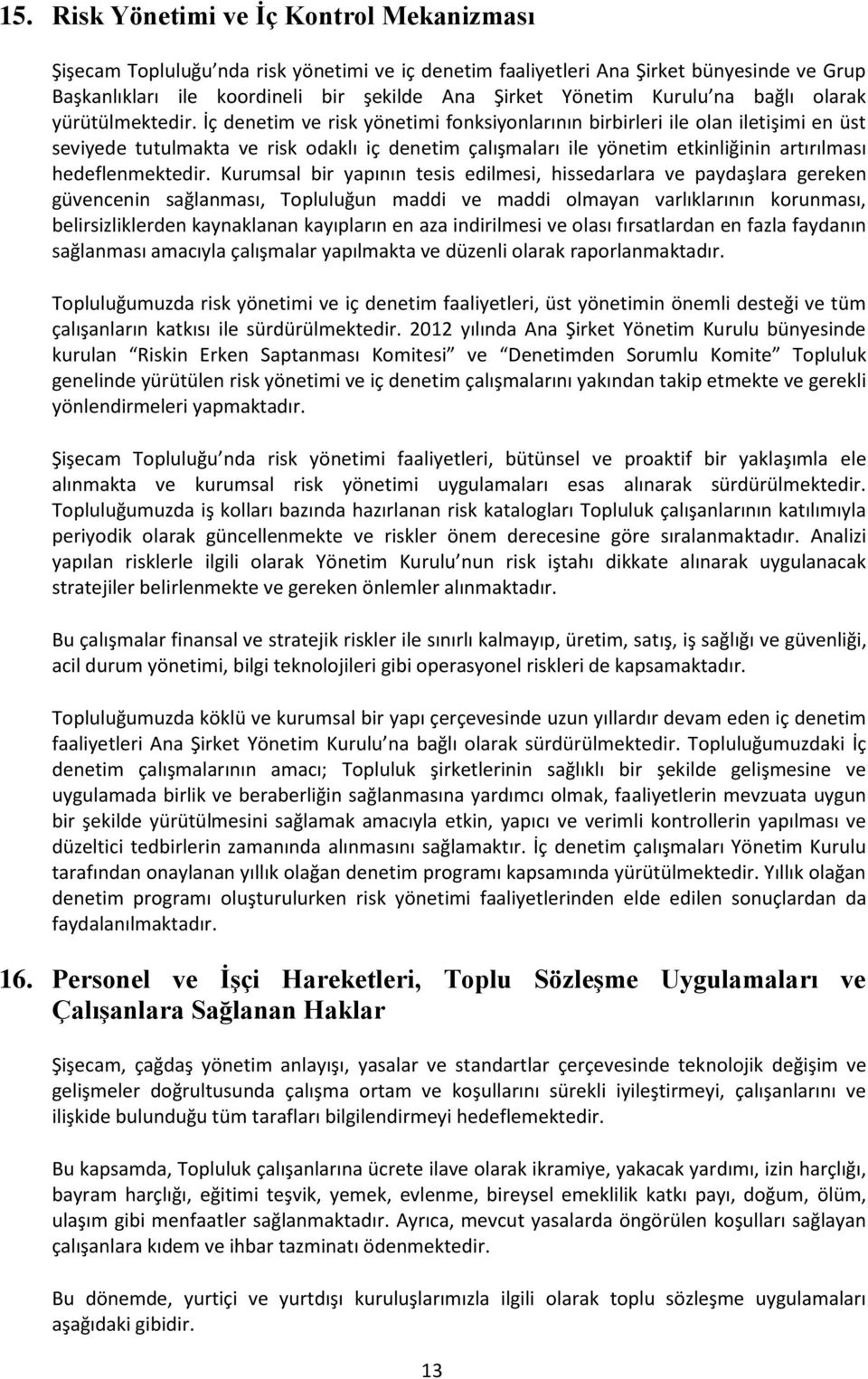 İç denetim ve risk yönetimi fonksiyonlarının birbirleri ile olan iletişimi en üst seviyede tutulmakta ve risk odaklı iç denetim çalışmaları ile yönetim etkinliğinin artırılması hedeflenmektedir.