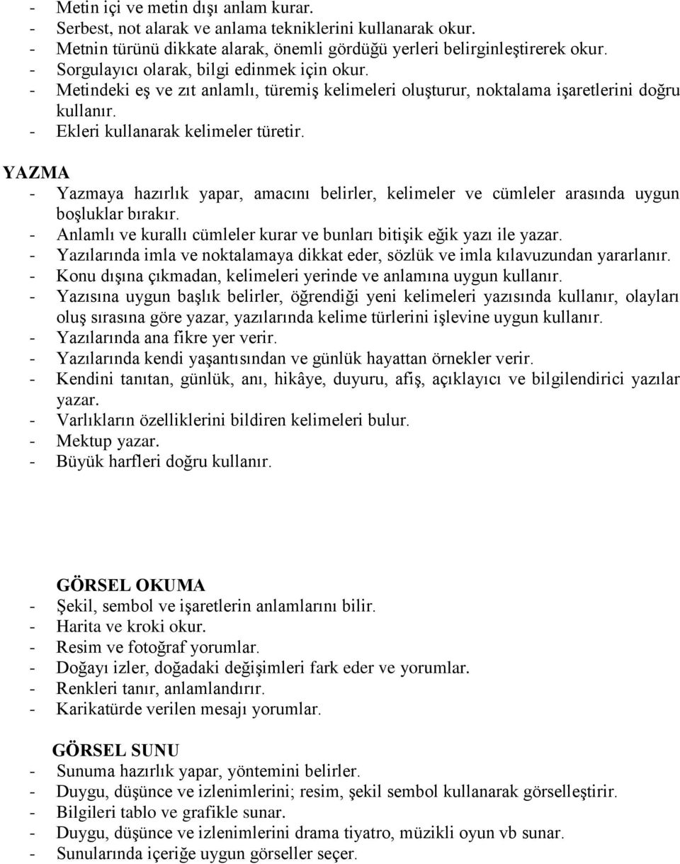 YAZMA - Yazmaya hazırlık yapar, amacını belirler, kelimeler ve cümleler arasında uygun boşluklar bırakır. - Anlamlı ve kurallı cümleler kurar ve bunları bitişik eğik yazı ile yazar.