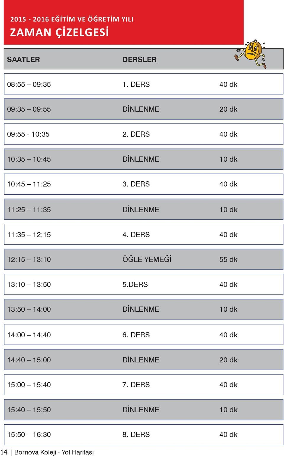 DERS 40 dk 11:5 11:35 DİNLENME 10 dk 11:35 1:15 4. DERS 40 dk 1:15 13:10 ÖĞLE YEMEĞİ 55 dk 13:10 13:50 5.