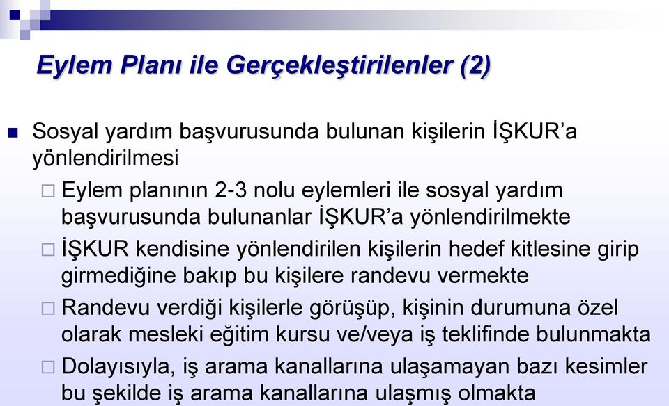 girip girmediğine bakıp bu kişilere randevu vermekte Randevu verdiği kişilerle görüşüp, kişinin durumuna özel olarak mesleki eğitim