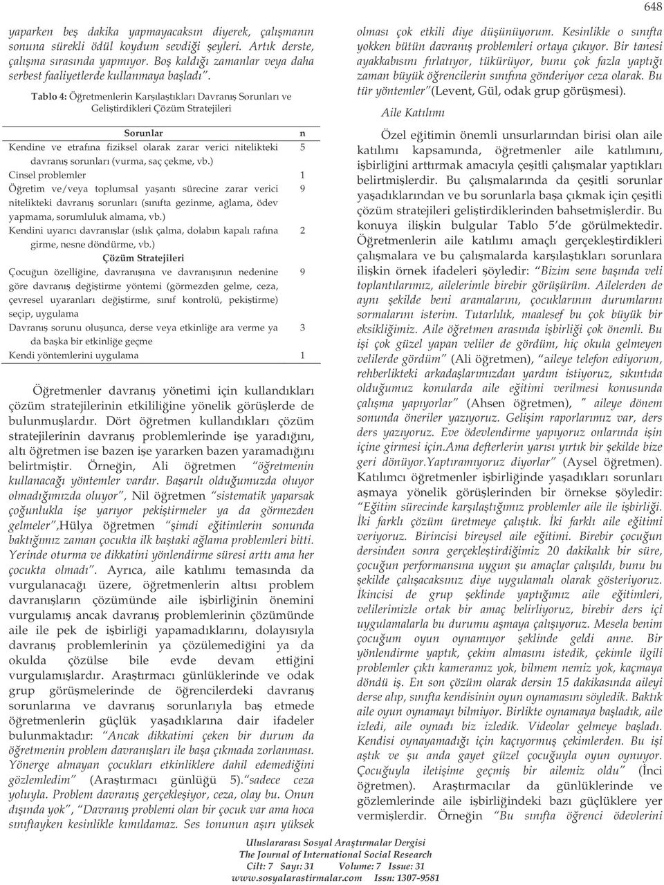 Tablo 4: Öretmenlerin Karılatıkları Davranı Sorunları ve Gelitirdikleri Çözüm Stratejileri Sorunlar Kendine ve etrafına fiziksel olarak zarar verici nitelikteki 5 davranı sorunları (vurma, saç çekme,