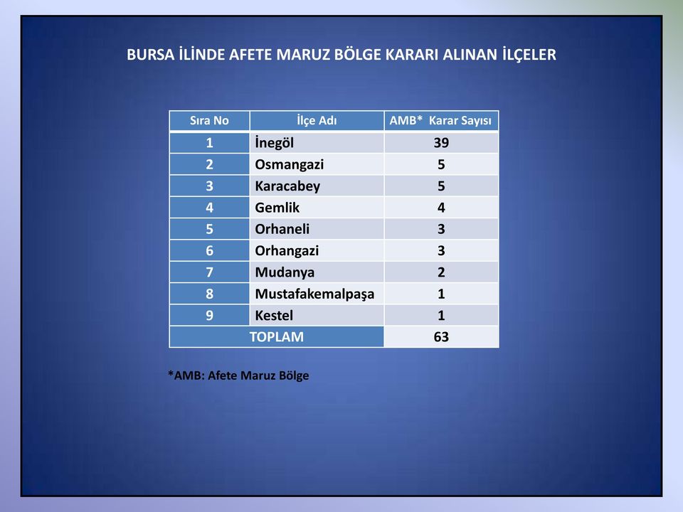 Karacabey 5 4 Gemlik 4 5 Orhaneli 3 6 Orhangazi 3 7 Mudanya 2