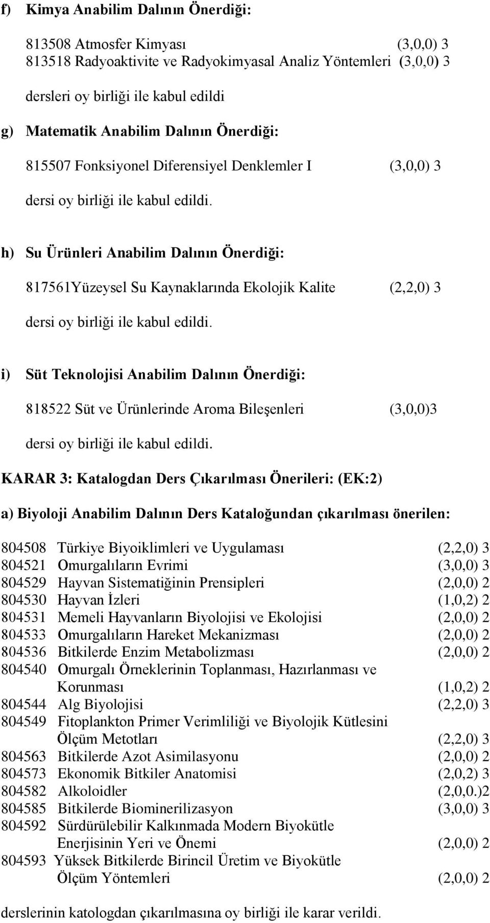 Anabilim Dalının Önerdiği: 818522 Süt ve Ürünlerinde Aroma Bileşenleri (3,0,0)3 KARAR 3: Katalogdan Ders Çıkarılması Önerileri: (EK:2) a) Biyoloji Anabilim Dalının Ders Kataloğundan çıkarılması