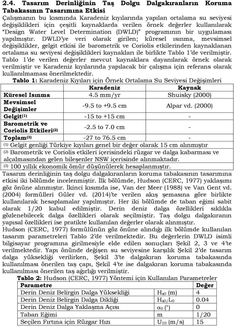 DWLD ye veri olarak girilen; küresel ısınma, mevsimsel değişiklikler, gelgit etkisi ile barometrik ve Coriolis etkilerinden kaynaklanan ortalama su seviyesi değişiklikleri kaynakları ile birlikte