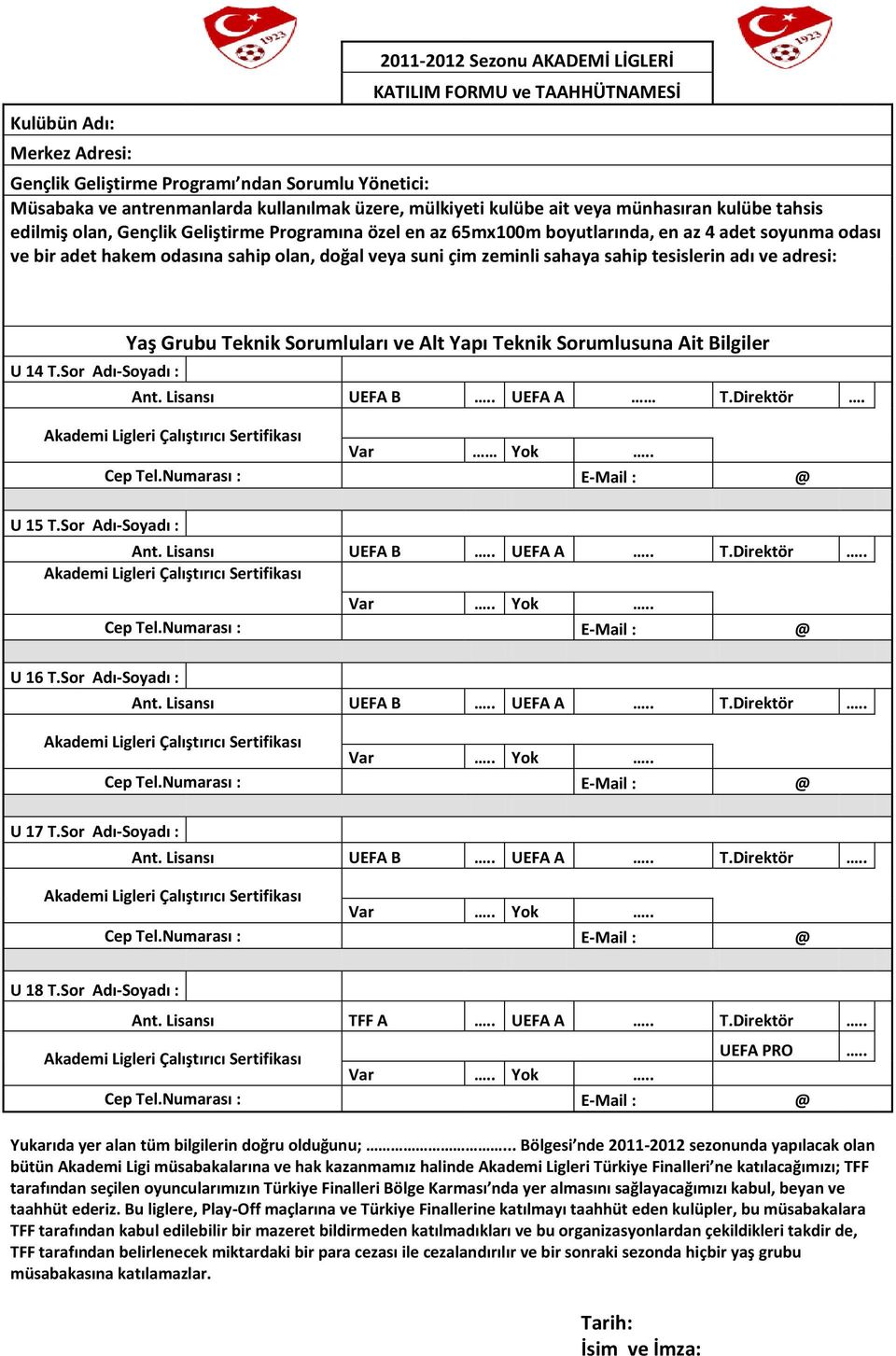 çim zeminli sahaya sahip tesislerin adı ve adresi: U 14 T.Sor Adı-Soyadı : Yaş Grubu Teknik Sorumluları ve Alt Yapı Teknik Sorumlusuna Ait Bilgiler Ant. Lisansı UEFA B.. UEFA A T.Direktör.