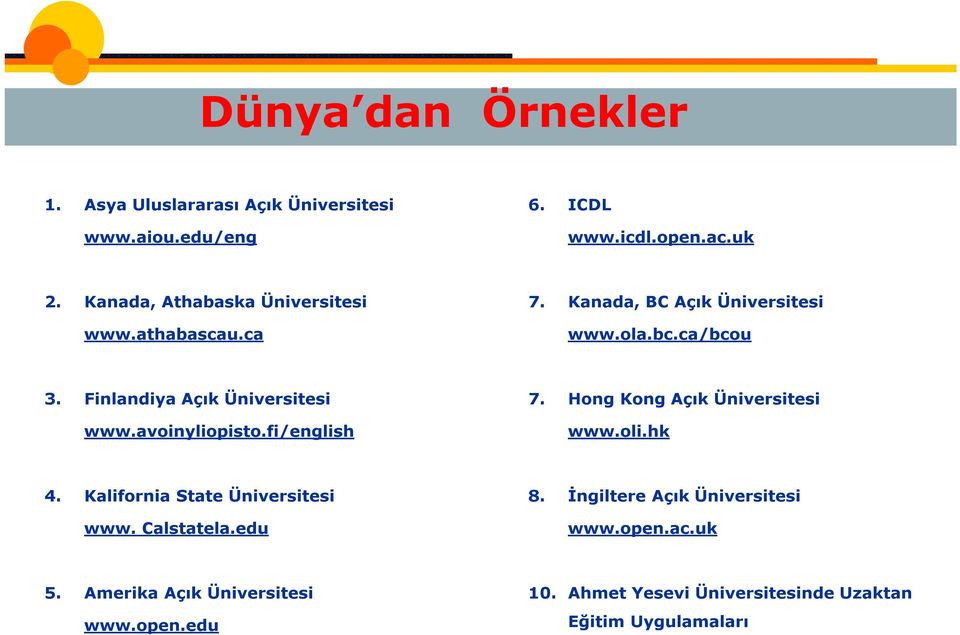 Finlandiya Açık Üniversitesi www.avoinyliopisto.fi/english 7. Hong Kong Açık Üniversitesi www.oli.hk 4.