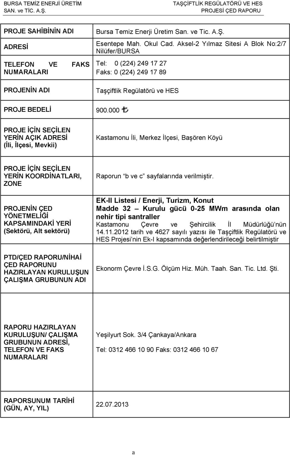 000 PROJE İÇİN SEÇİLEN YERİN AÇIK ADRESİ (İli, İlçesi, Mevkii) Kastamonu İli, Merkez İlçesi, Başören Köyü PROJE İÇİN SEÇİLEN YERİN KOORDİNATLARI, ZONE PROJENİN ÇED YÖNETMELİĞİ KAPSAMINDAKİ YERİ