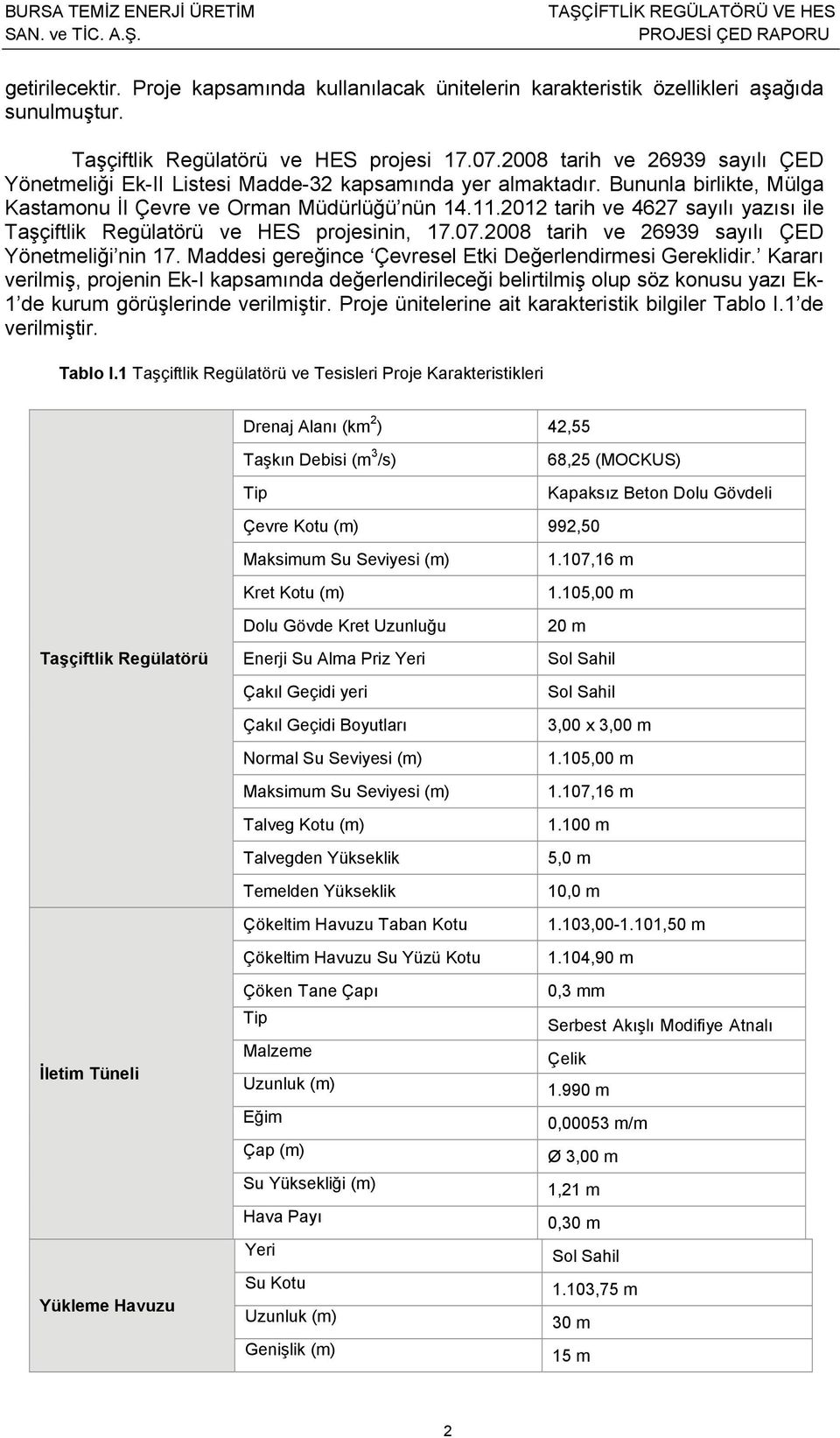 2012 tarih ve 4627 sayılı yazısı ile Taşçiftlik Regülatörü ve HES projesinin, 17.07.2008 tarih ve 26939 sayılı ÇED Yönetmeliği nin 17. Maddesi gereğince Çevresel Etki Değerlendirmesi Gereklidir.