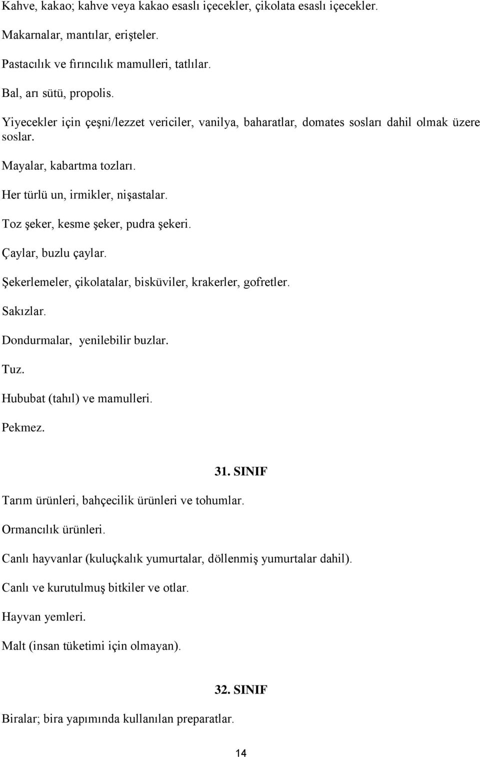 Toz şeker, kesme şeker, pudra şekeri. Çaylar, buzlu çaylar. Şekerlemeler, çikolatalar, bisküviler, krakerler, gofretler. Sakızlar. Dondurmalar, yenilebilir buzlar. Tuz. Hububat (tahıl) ve mamulleri.