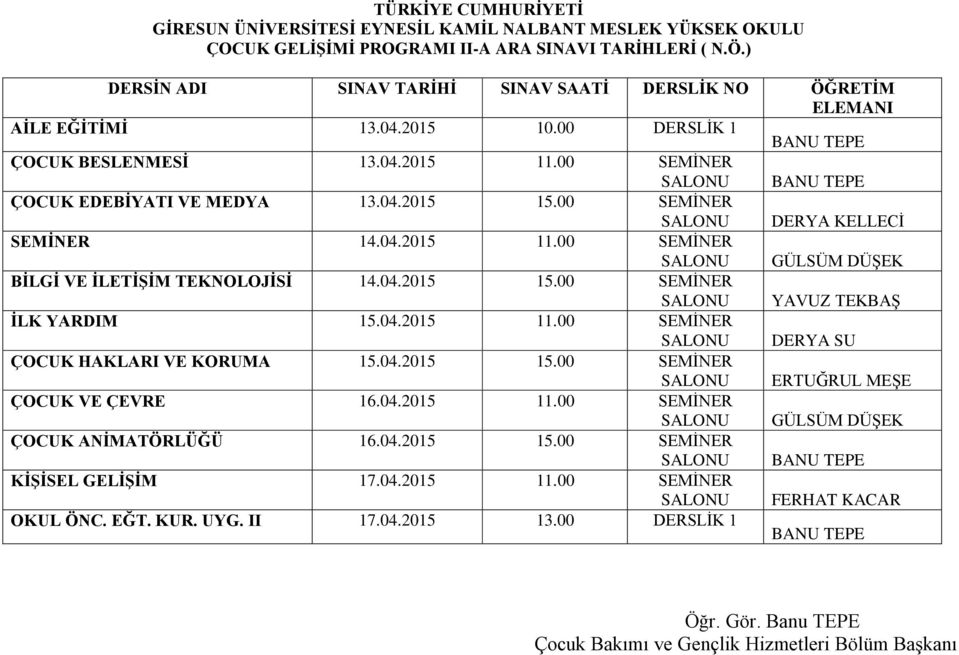 04.2015 11.00 SEMİNER ÇOCUK HAKLARI VE KORUMA 15.04.2015 15.00 SEMİNER ERTUĞRUL MEŞE ÇOCUK VE ÇEVRE 16.04.2015 11.00 SEMİNER ÇOCUK ANİMATÖRLÜĞÜ 16.