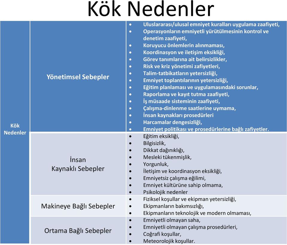 Talim-tatbikatların yetersizliği, Emniyet toplantılarının yetersizliği, Eğitim planlaması ve uygulamasındaki sorunlar, Raporlama ve kayıt tutma zaafiyeti, İş müsaade sisteminin zaafiyeti,