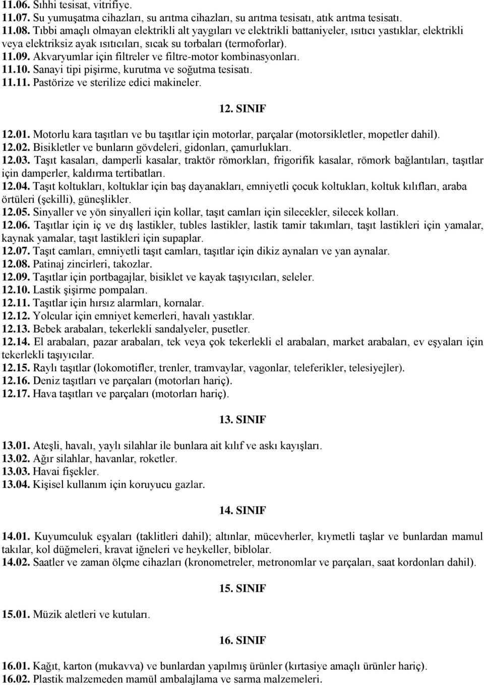 Akvaryumlar için filtreler ve filtre-motor kombinasyonları. 11.10. Sanayi tipi pişirme, kurutma ve soğutma tesisatı. 11.11. Pastörize ve sterilize edici makineler. 12. SINIF 12.01.