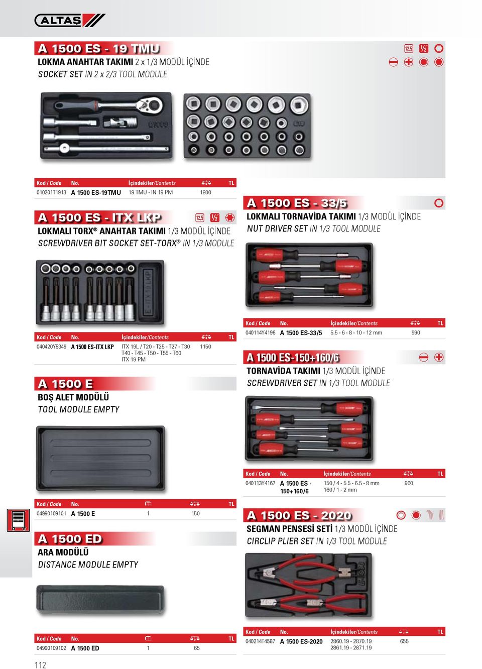 Module A 1500 ES - 33/5 LOKMALI TORNAVİDA TAKIMI 1/3 Modül İçinde NUT DRIVER SET In 1/3 Tool Module 1 Kod / Code İçindekiler/Contents / TL 040420Y5349 A 1500 ES-ITX LKP ITX 19L / T20 - T25 - T27 -