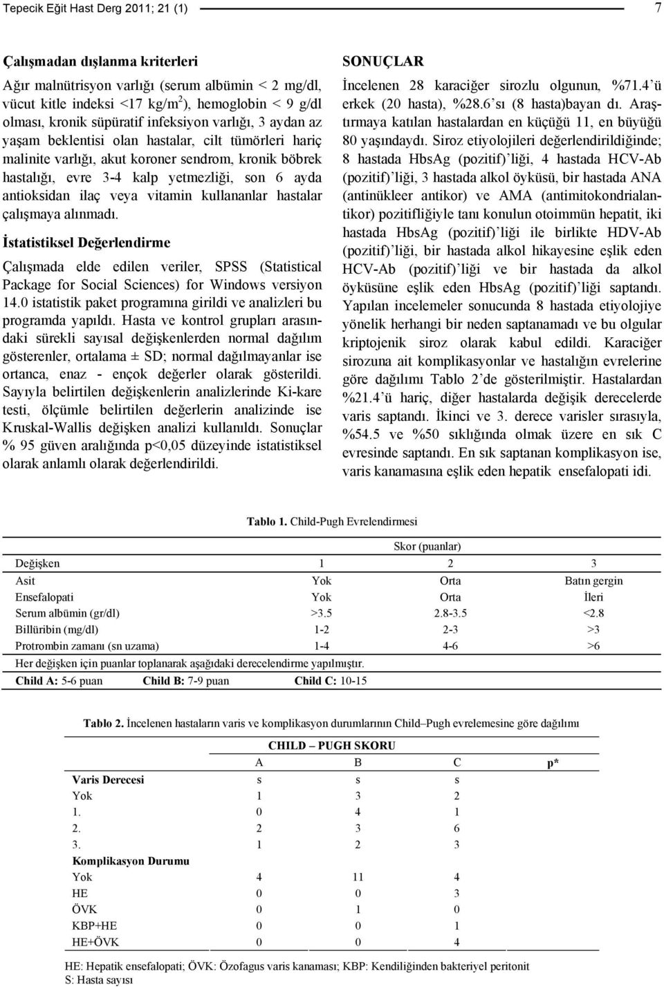 ilaç veya vitamin kullananlar hastalar çalışmaya alınmadı. İstatistiksel Değerlendirme Çalışmada elde edilen veriler, SPSS (Statistical Package for Social Sciences) for Windows versiyon 14.