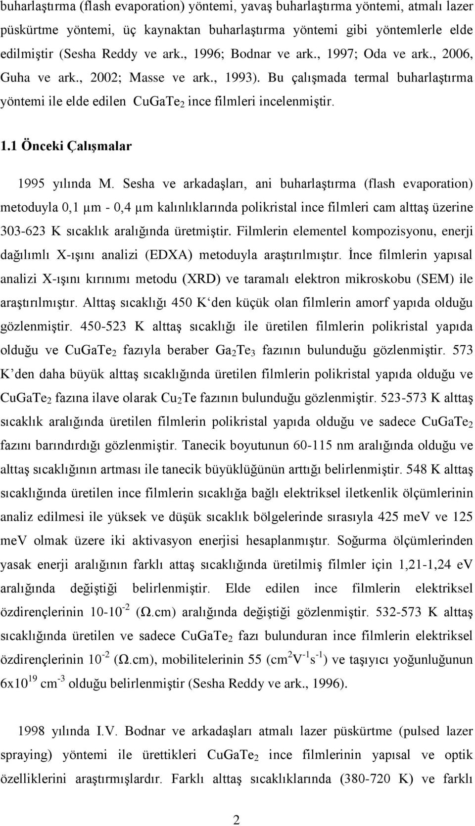 Sesha ve arkadaşları, ani buharlaştırma (flash evaporation) metoduyla 0,1 µm - 0,4 µm kalınlıklarında polikristal ince filmleri cam alttaş üzerine 303-623 K sıcaklık aralığında üretmiştir.