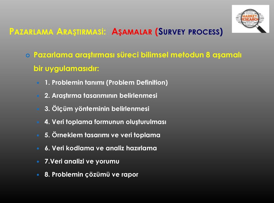 Araştırma tasarımının belirlenmesi 3. Ölçüm yönteminin belirlenmesi 4.