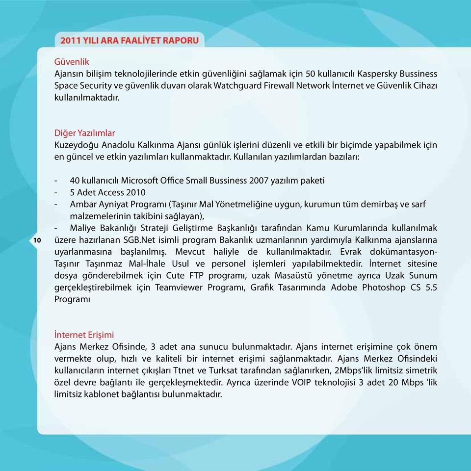 Kullanılan yazılımlardan bazıları: 10-40 kullanıcılı Microsoft Office Small Bussiness 2007 yazılım paketi - 5 Adet Access 2010 - Ambar Ayniyat Programı (Taşınır Mal Yönetmeliğine uygun, kurumun tüm