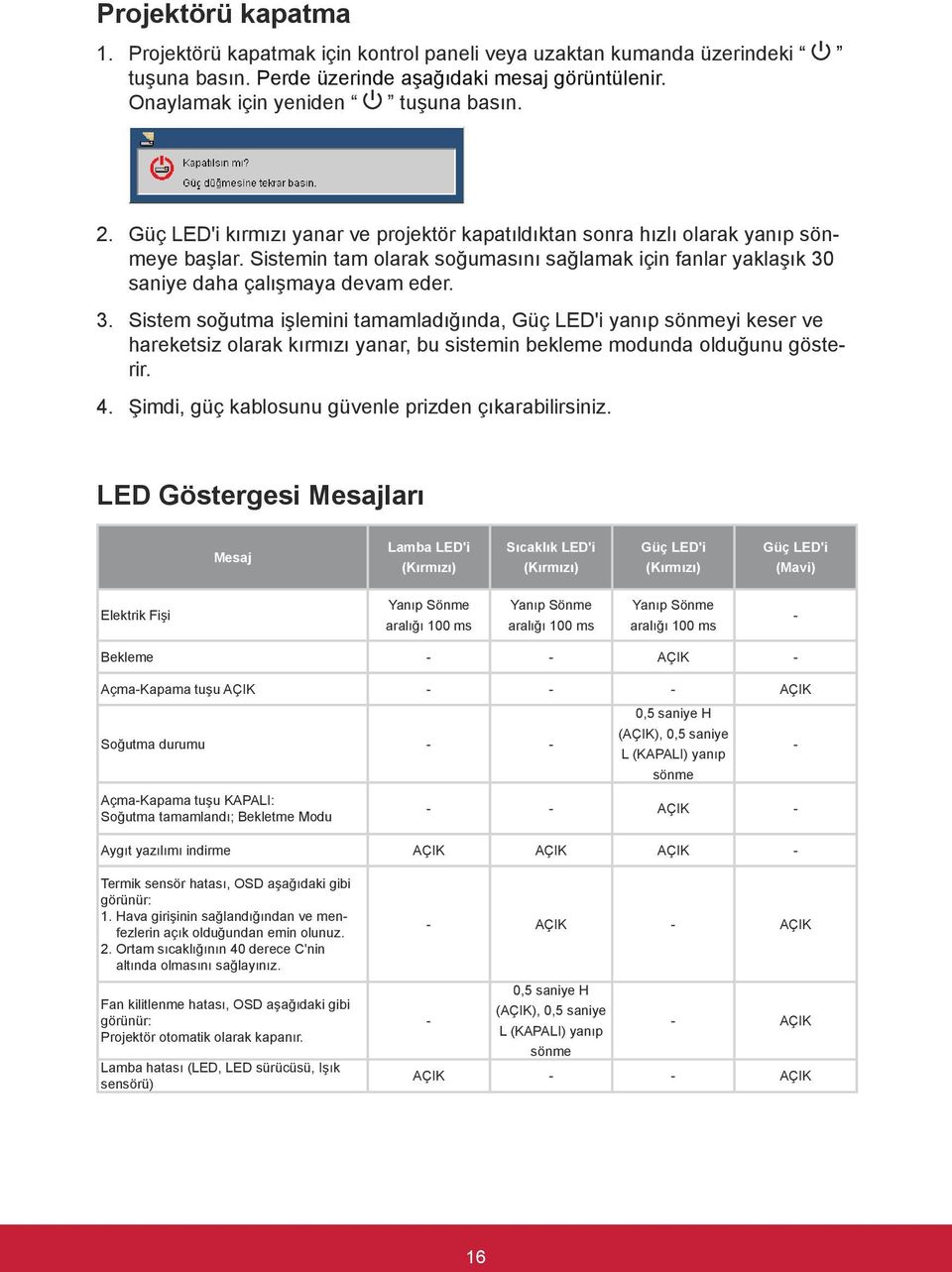 saniye daha çalışmaya devam eder. 3. Sistem soğutma işlemini tamamladığında, Güç LED'i yanıp sönmeyi keser ve hareketsiz olarak kırmızı yanar, bu sistemin bekleme modunda olduğunu gösterir. 4.