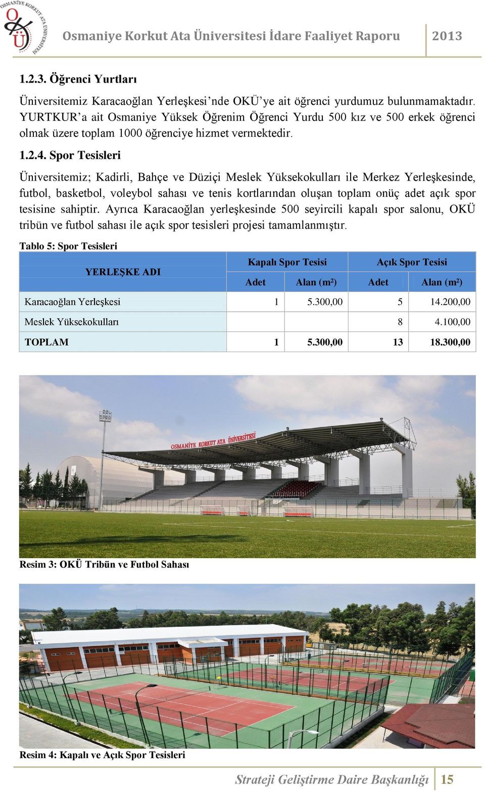 Spor Tesisleri Üniversitemiz; Kadirli, Bahçe ve Düziçi Meslek Yüksekokulları ile Merkez Yerleşkesinde, futbol, basketbol, voleybol sahası ve tenis kortlarından oluşan toplam onüç adet açık spor