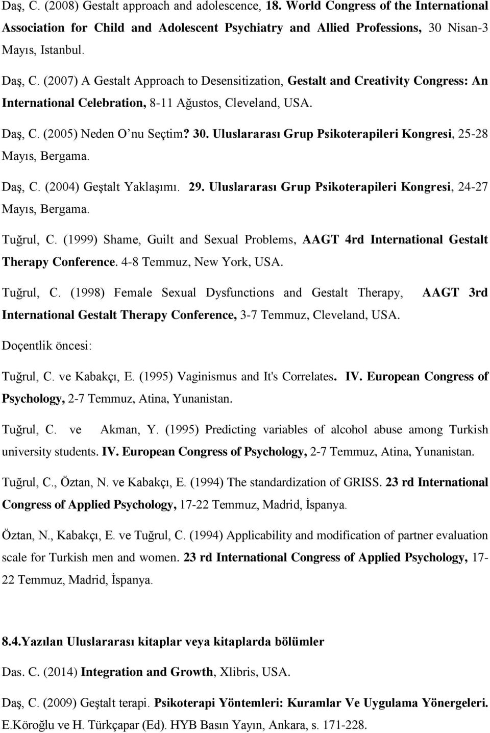 Uluslararası Grup Psikoterapileri Kongresi, 25-28 Mayıs, Bergama. Daş, C. (2004) Geştalt Yaklaşımı. 29. Uluslararası Grup Psikoterapileri Kongresi, 24-27 Mayıs, Bergama. Tuğrul, C.