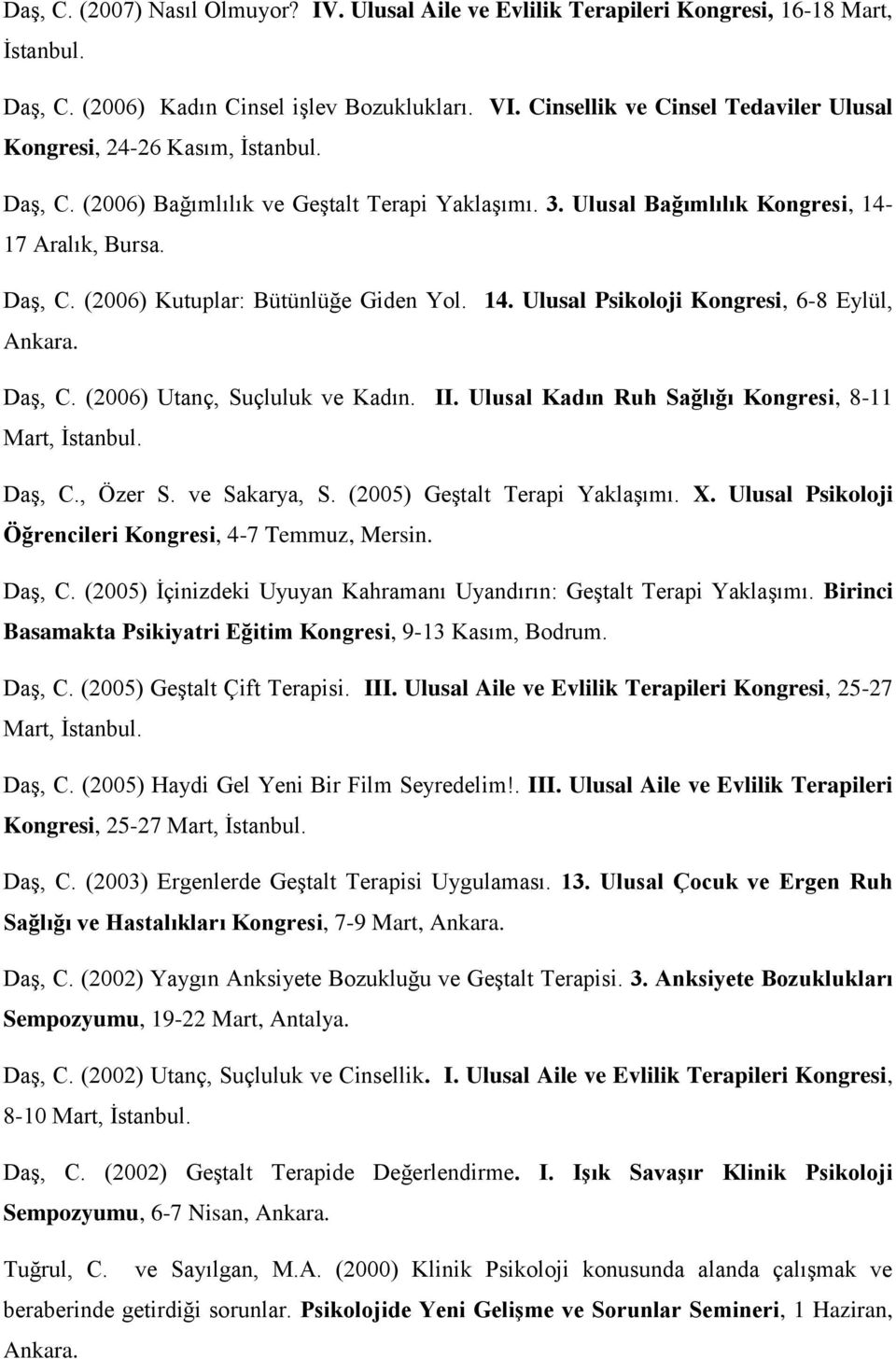 14. Ulusal Psikoloji Kongresi, 6-8 Eylül, Ankara. Daş, C. (2006) Utanç, Suçluluk ve Kadın. II. Ulusal Kadın Ruh Sağlığı Kongresi, 8-11 Mart, İstanbul. Daş, C., Özer S. ve Sakarya, S.