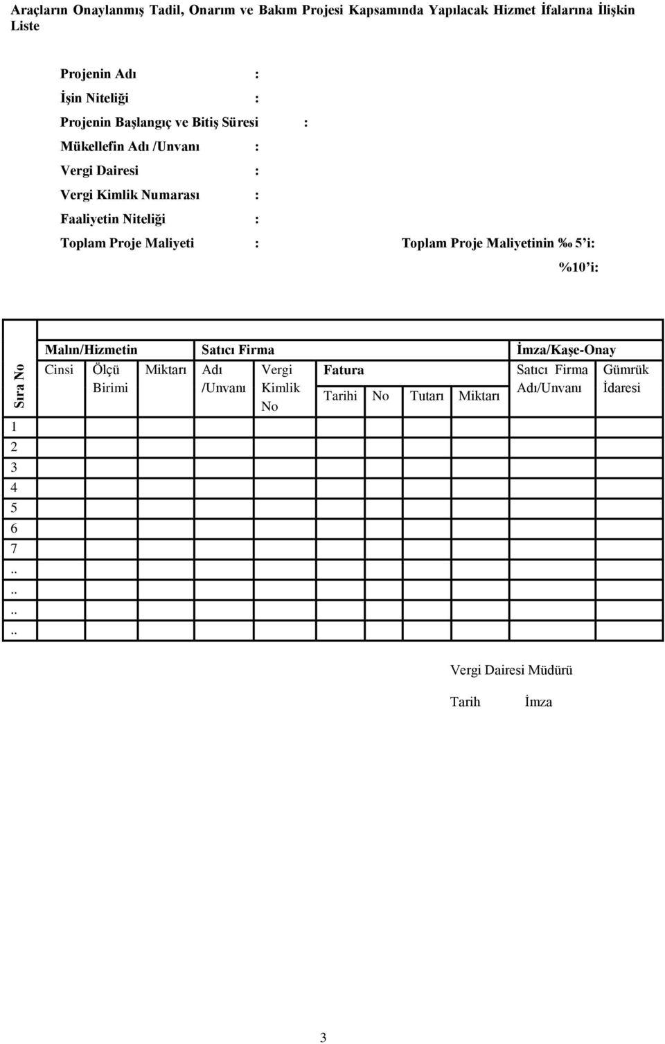 Proje Maliyeti : Toplam Proje Maliyetinin 5 i: %10 i: Sıra No 1 2 3 4 5 6 7 Malın/Hizmetin Satıcı Firma İmza/Kaşe-Onay Cinsi Ölçü