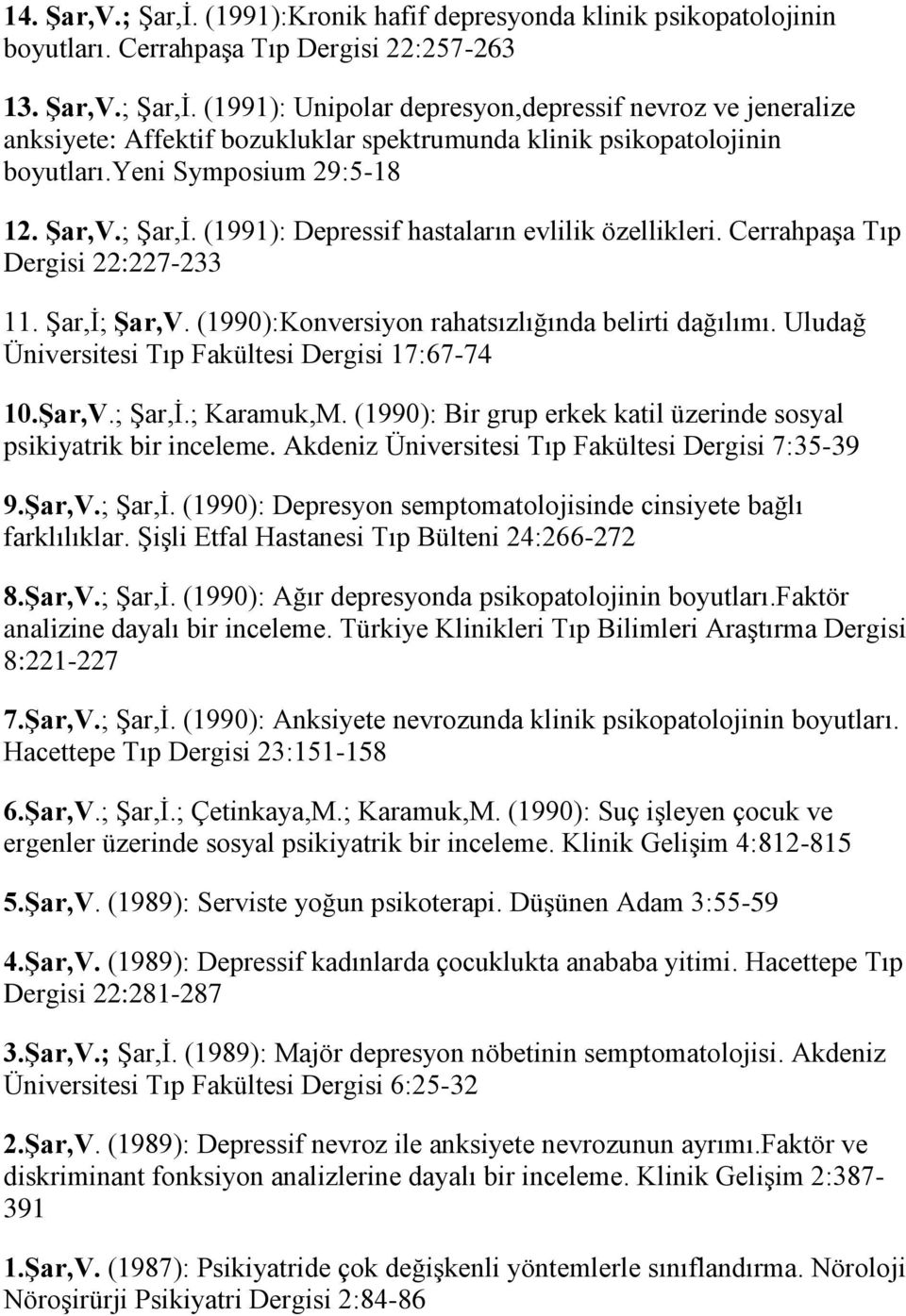 Uludağ Üniversitesi Tıp Fakültesi Dergisi 17:67-74 10.Şar,V.; Şar,İ.; Karamuk,M. (1990): Bir grup erkek katil üzerinde sosyal psikiyatrik bir inceleme.