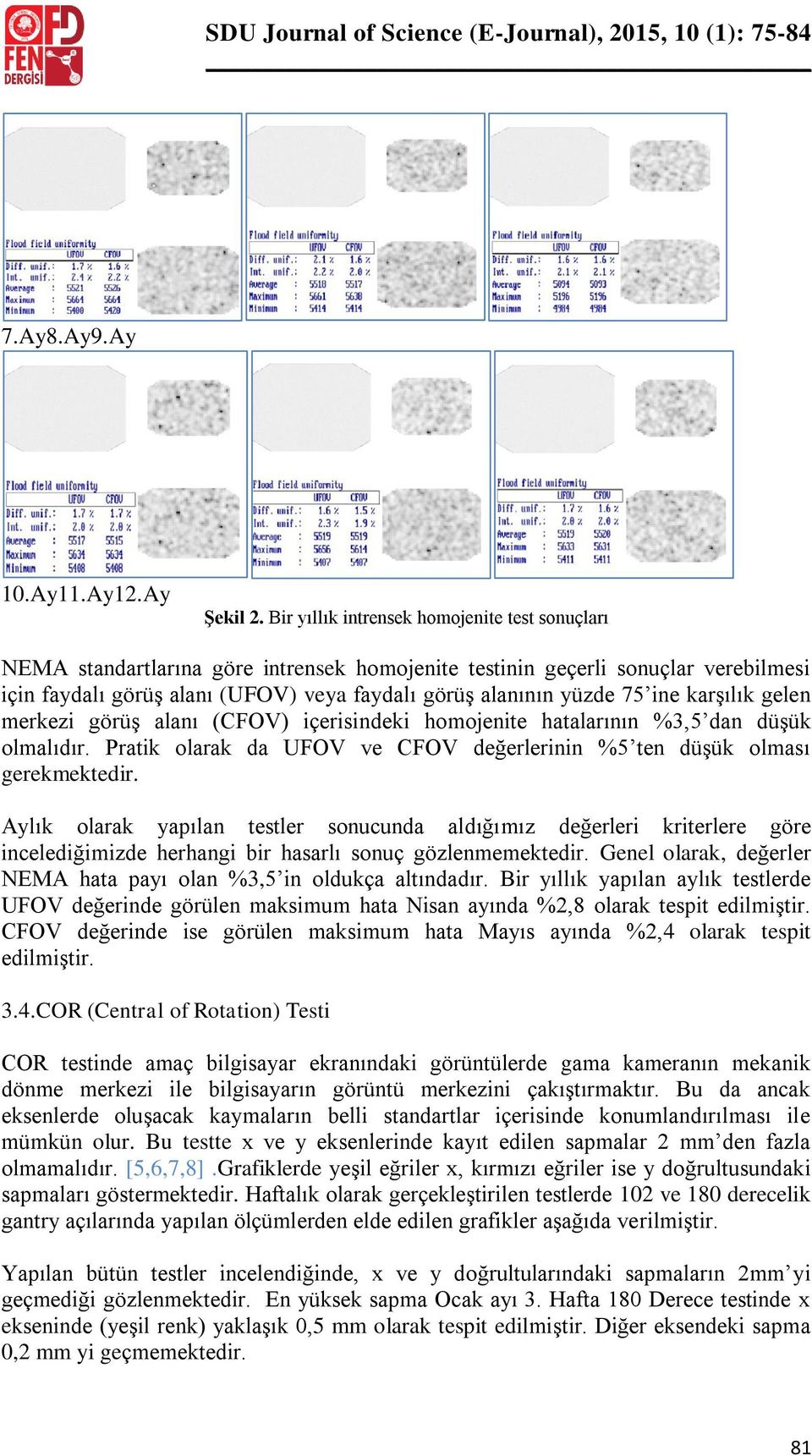 ine karşılık gelen merkezi görüş alanı (CFOV) içerisindeki homojenite hatalarının %3,5 dan düşük olmalıdır. Pratik olarak da UFOV ve CFOV değerlerinin %5 ten düşük olması gerekmektedir.