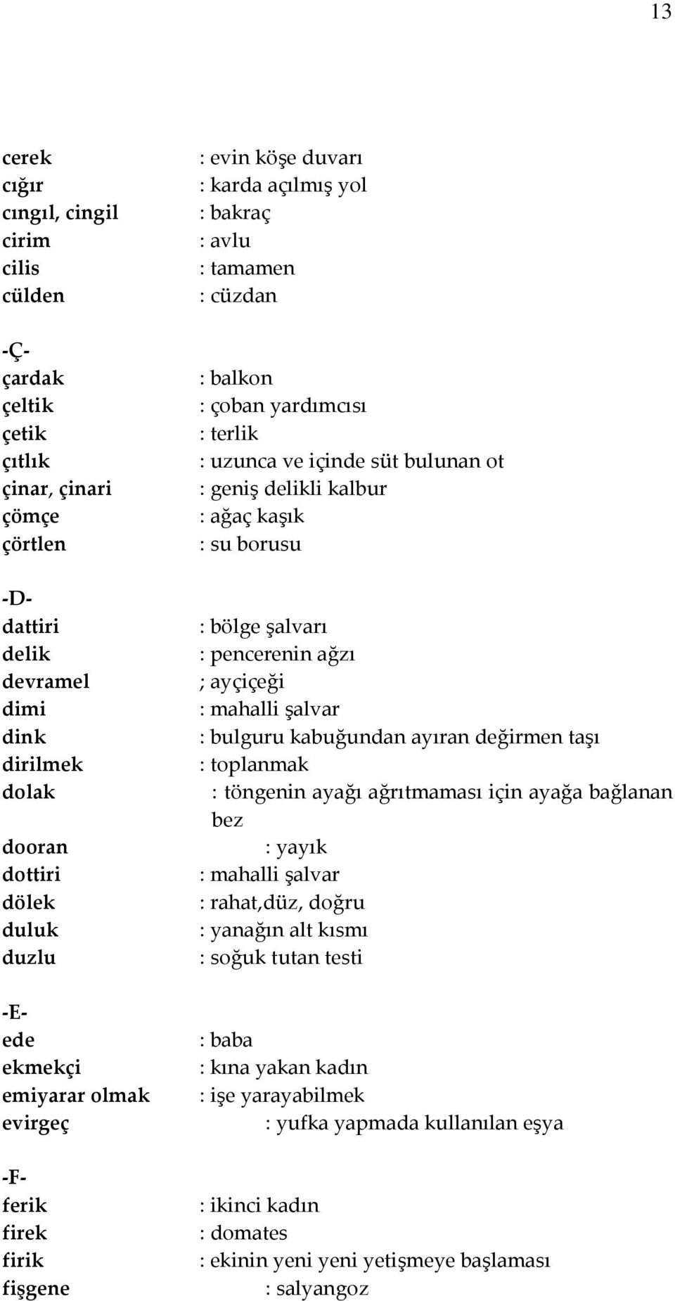 bulunan ot : geniş delikli kalbur : ağaç kaşık : su borusu : bölge şalvarı : pencerenin ağzı ; ayçiçeği : mahalli şalvar : bulguru kabuğundan ayıran değirmen taşı : toplanmak : töngenin ayağı