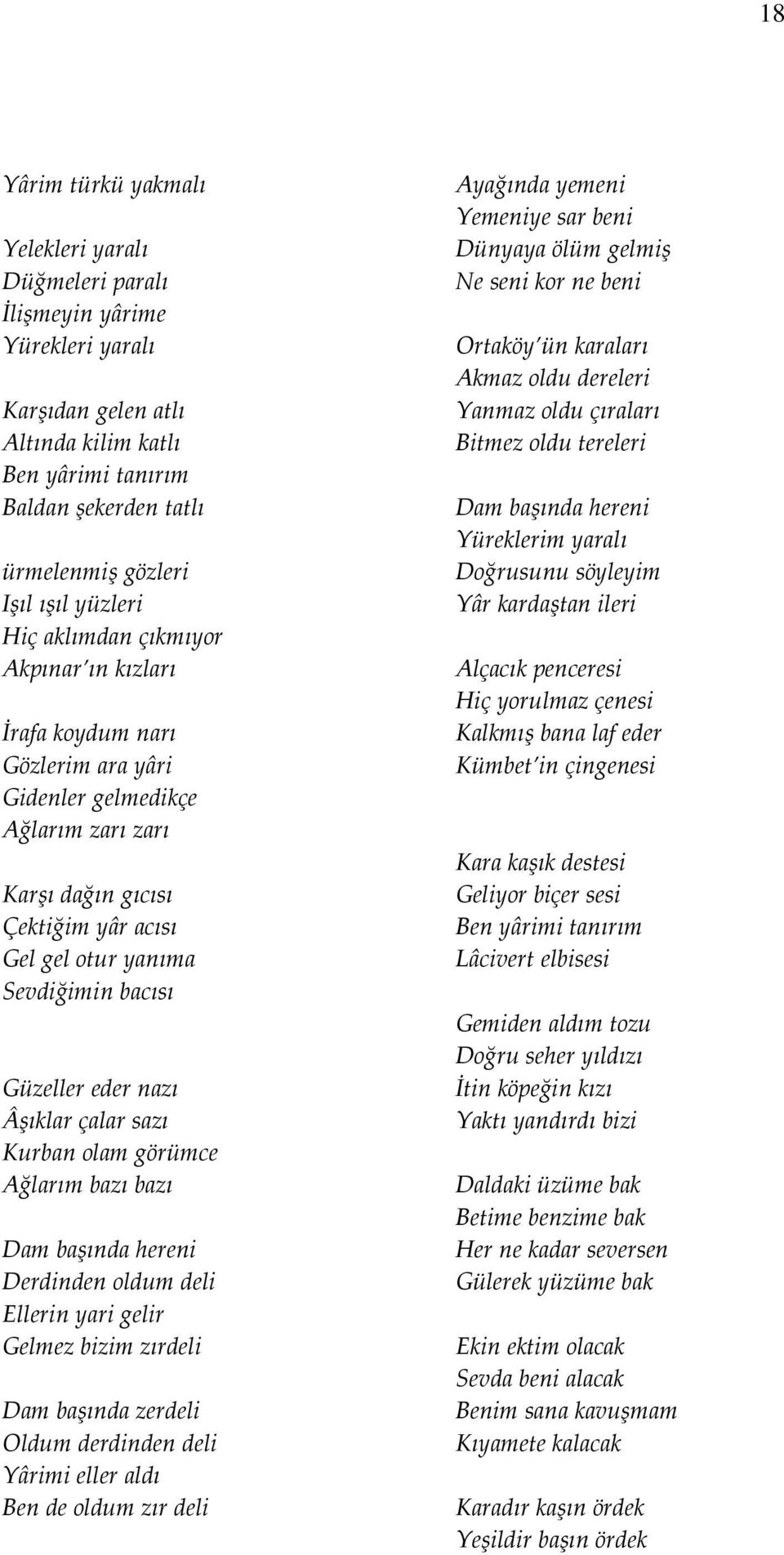 bacısı Güzeller eder nazı Âşıklar çalar sazı Kurban olam görümce Ağlarım bazı bazı Dam başında hereni Derdinden oldum deli Ellerin yari gelir Gelmez bizim zırdeli Dam başında zerdeli Oldum derdinden