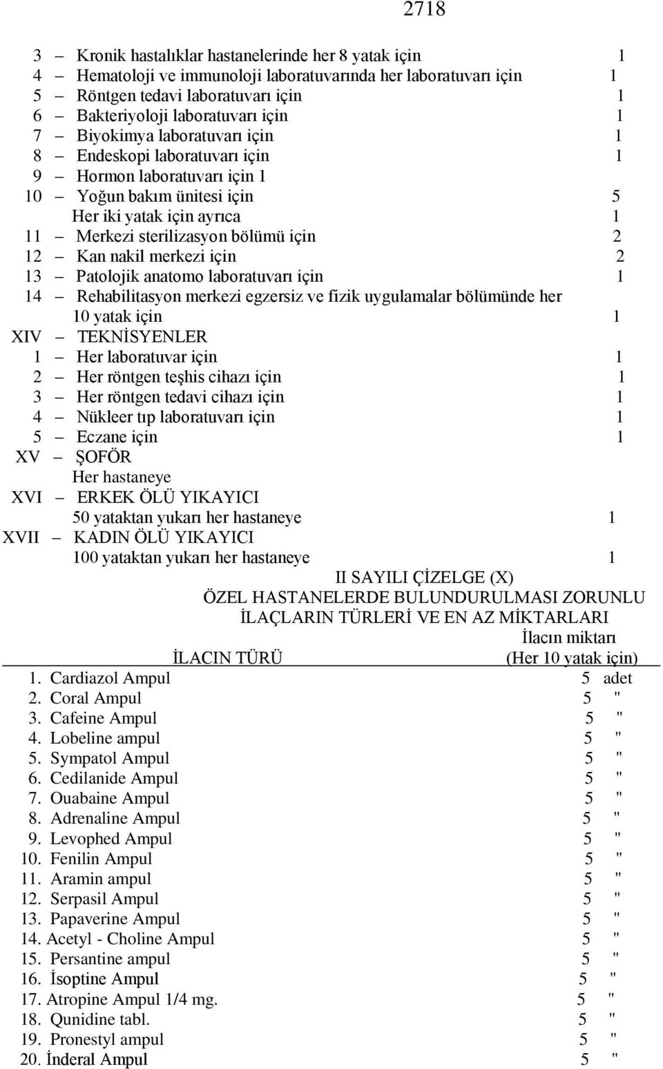 nakil merkezi için 2 13 Patolojik anatomo laboratuvarı için 1 14 Rehabilitasyon merkezi egzersiz ve fizik uygulamalar bölümünde her 10 yatak için 1 XIV TEKNİSYENLER 1 Her laboratuvar için 1 2 Her