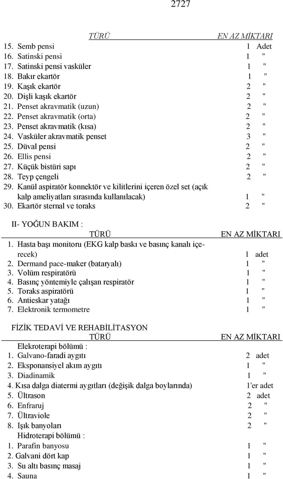 Kanül aspiratör konnektör ve kilitlerini içeren özel set (açık kalp ameliyatları sırasında kullanılacak) 1 " 30. Ekartör sternal ve toraks 2 " II- YOĞUN BAKIM : 1.