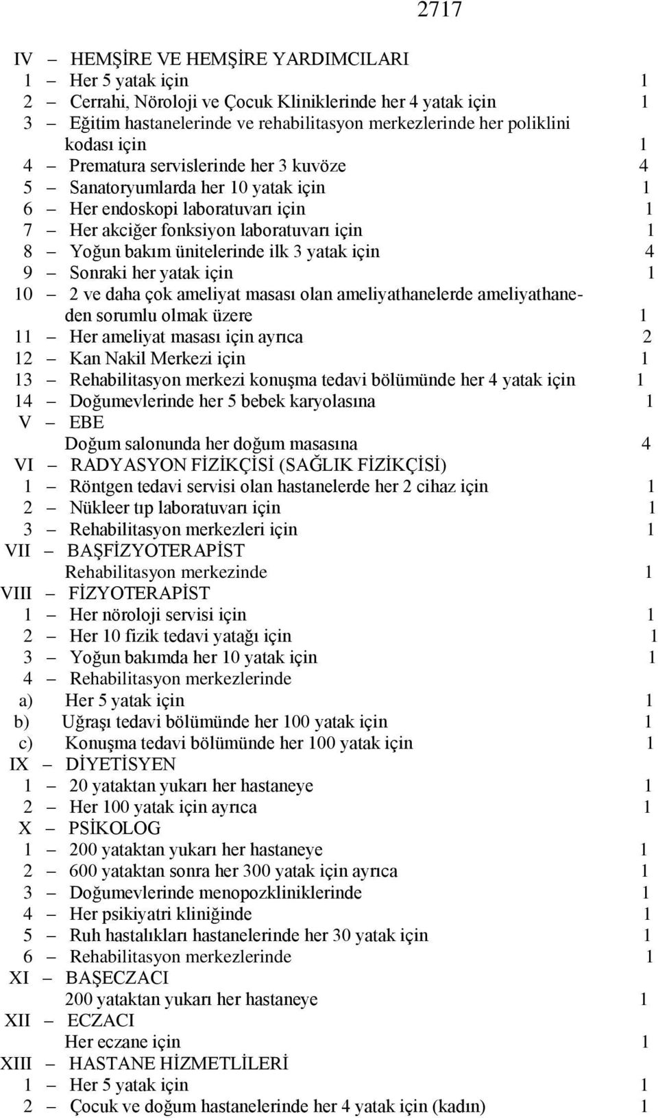 yatak için 4 9 Sonraki her yatak için 1 10 2 ve daha çok ameliyat masası olan ameliyathanelerde ameliyathaneden sorumlu olmak üzere 1 11 Her ameliyat masası için ayrıca 2 12 Kan Nakil Merkezi için 1