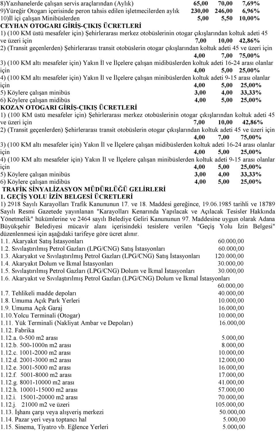 geçenlerden) Şehirlerarası transit otobüslerin otogar çıkışlarından koltuk adeti 45 ve üzeri için 4,00 7,00 75,00% 3) (100 KM altı mesafeler için) Yakın İl ve İlçelere çalışan midibüslerden koltuk