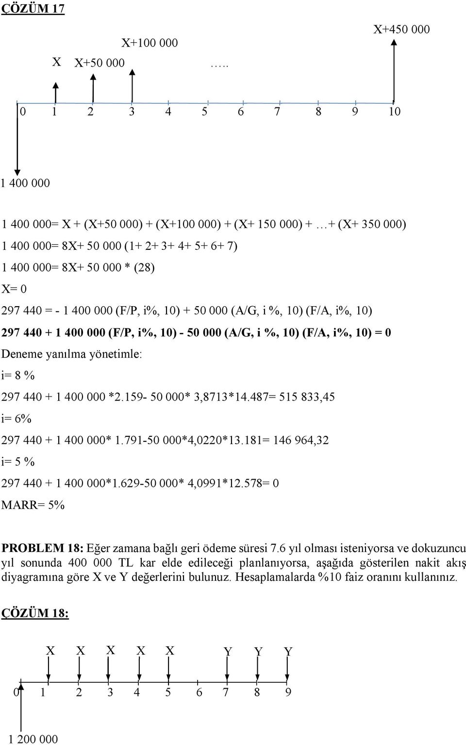 440 = - 1 400 000 (F/P, i%, 10) + 50 000 (A/G, i %, 10) (F/A, i%, 10) 297 440 + 1 400 000 (F/P, i%, 10) - 50 000 (A/G, i %, 10) (F/A, i%, 10) = 0 Deneme yanılma yönetimle: i= 8 % 297 440 + 1 400 000