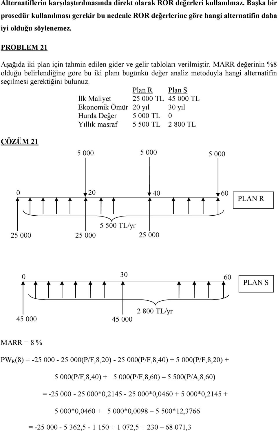 MARR değerinin %8 olduğu belirlendiğine göre bu iki planı bugünkü değer analiz metoduyla hangi alternatifin seçilmesi gerektiğini bulunuz.