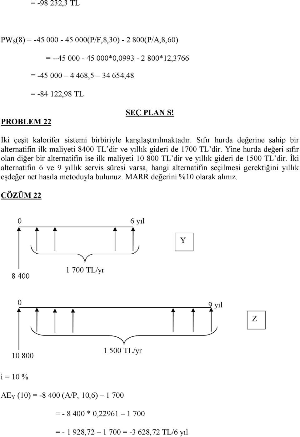 Yine hurda değeri sıfır olan diğer bir alternatifin ise ilk maliyeti 10 800 TL dir ve yıllık gideri de 1500 TL dir.