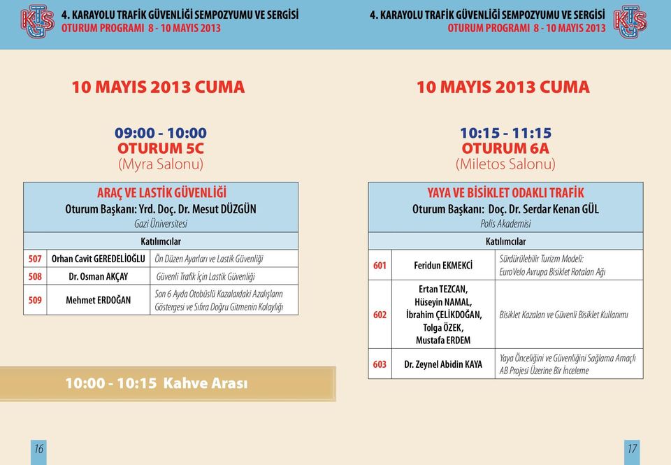 Osman AKÇAY Güvenli Trafik İçin Lastik Güvenliği 509 Mehmet ERDOĞAN Son 6 Ayda Otobüslü Kazalardaki Azalışların Göstergesi ve Sıfıra Doğru Gitmenin Kolaylığı 10:00-10:15 Kahve Arası 10 MAYIS 2013