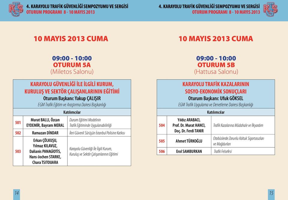 503 Erkan ÇÖLKUŞU, Yılmaz KILAVUZ, Dalianis PANAGİOTİS, Hans-Jochen STARKE, Chara TSITOUARA Karayolu Güvenliği İle İlgili Kurum, Kuruluş ve Sektör Çalışanlarının Eğitimi 504 10 MAYIS 2013 CUMA