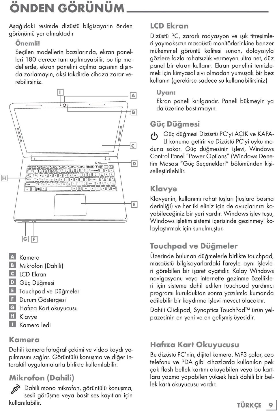 G F A Kamera B Mikrofon (Dahili) C LCD Ekran D Güç Düğmesi E Touchpad ve Düğmeler F Durum Göstergesi G Hafıza Kart okuyucusu H Klavye I Kamera ledi I Kamera Dahili kamera fotoğraf çekimi ve video