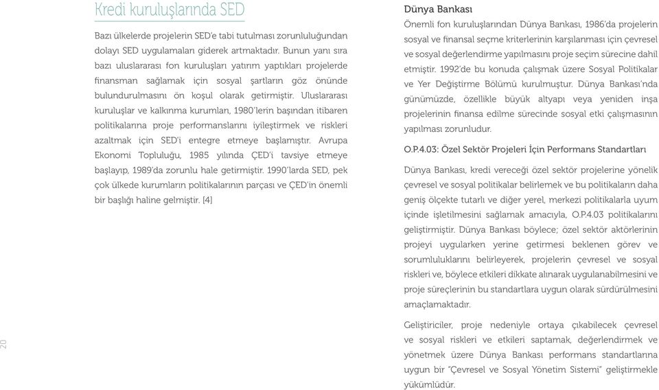 Uluslararası kuruluşlar ve kalkınma kurumları, 1980 lerin başından itibaren politikalarına proje performanslarını iyileştirmek ve riskleri azaltmak için SED i entegre etmeye başlamıştır.