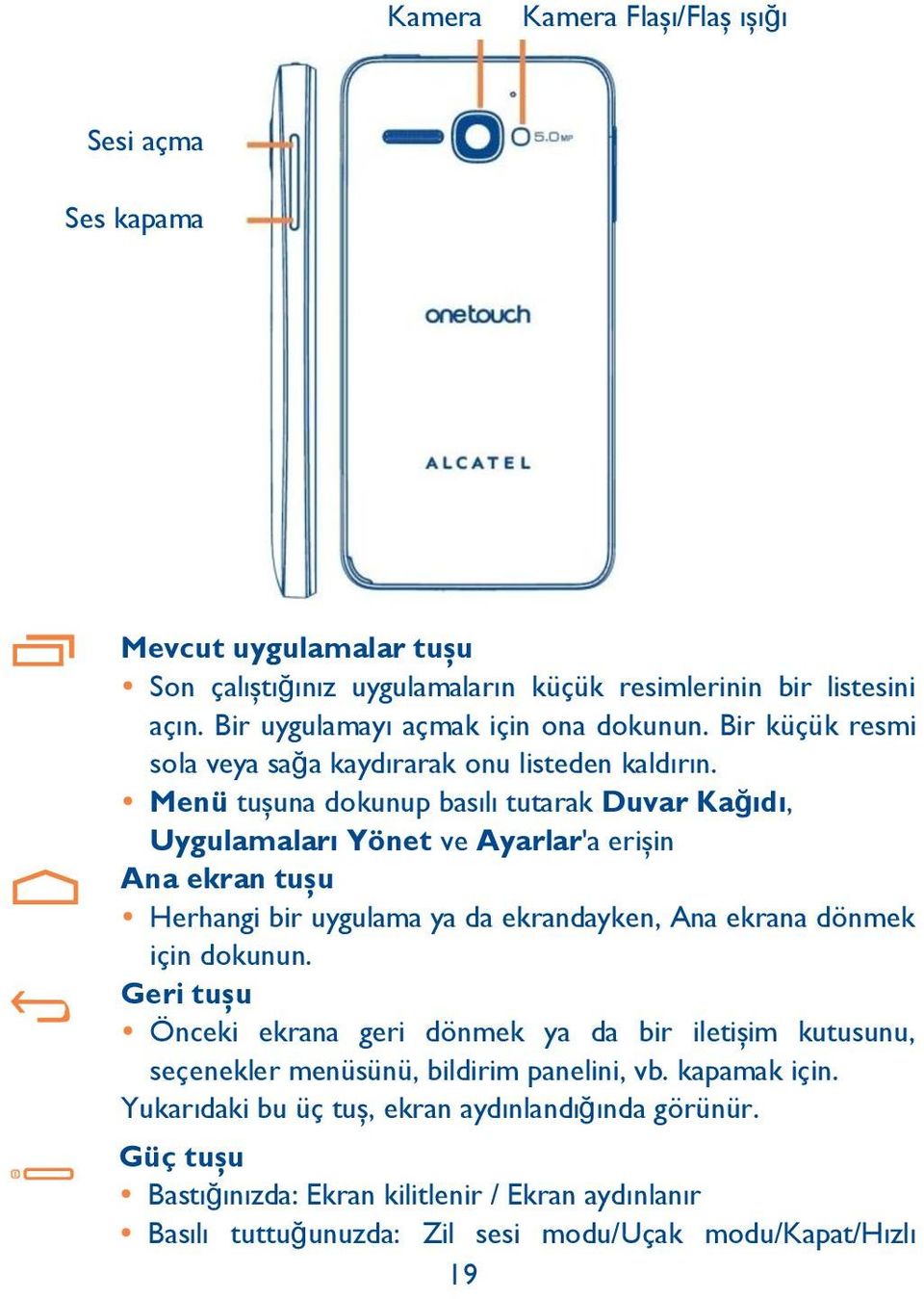 Menütuşuna dokunup basılı tutarak Duvar Kağıdı, Uygulamaları Yönet ve Ayarlar'a erişin Ana ekran tuşu Herhangi bir uygulama ya da ekrandayken, Ana ekrana dönmek için dokunun.