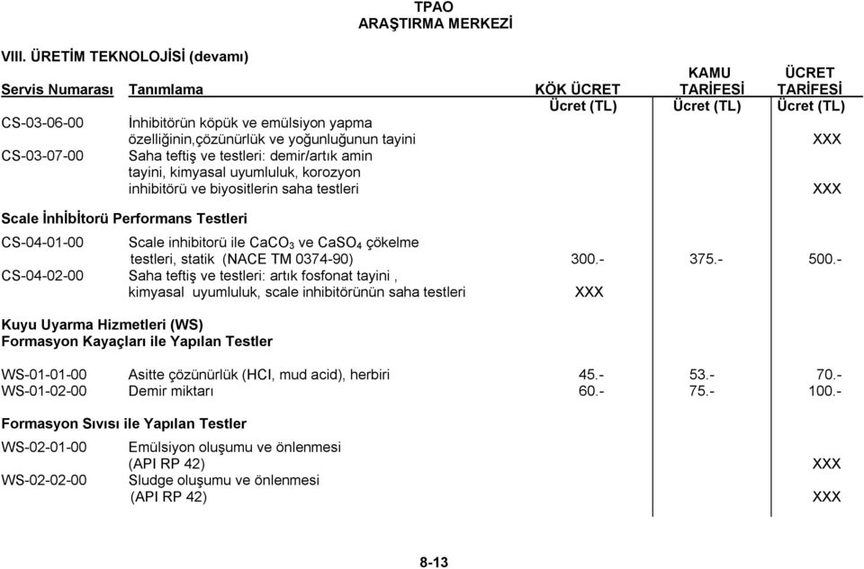 - CS-04-02-00 Saha teftiş ve testleri: artık fosfonat tayini, kimyasal uyumluluk, scale inhibitörünün saha testleri Kuyu Uyarma Hizmetleri (WS) Formasyon Kayaçları ile Yapılan Testler WS-01-01-00