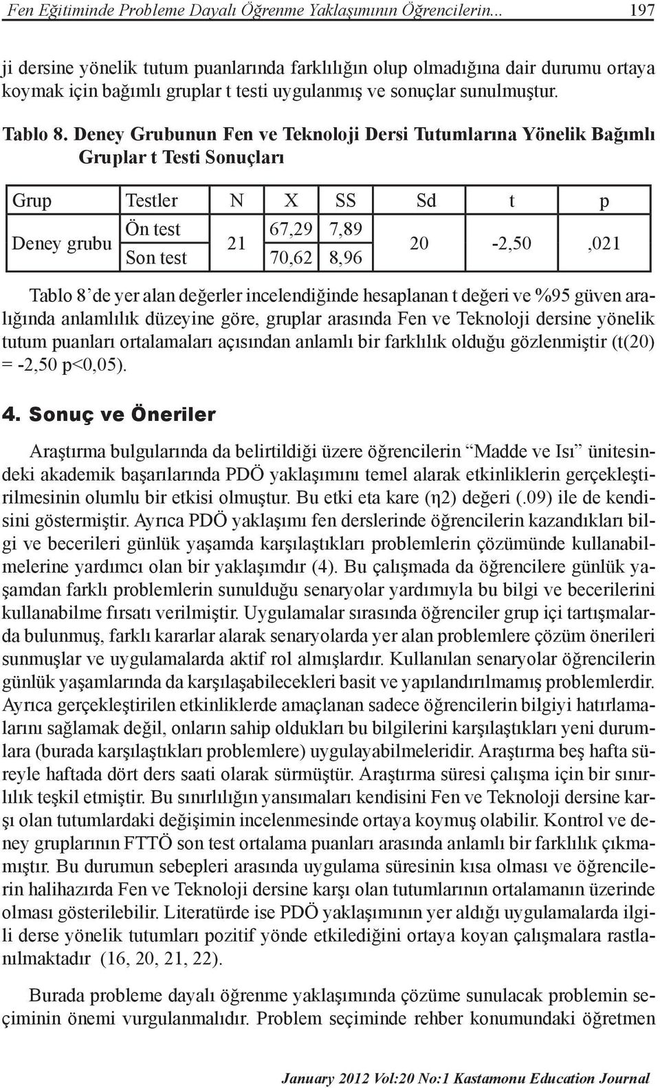 Deney Grubunun Fen ve Teknoloji Dersi Tutumlarına Yönelik Bağımlı Gruplar t Testi Sonuçları Grup Testler N X SS Sd t p Deney grubu Ön test 67,29 7,89 21 Son test 70,62 8,96 20-2,50,021 Tablo 8 de yer