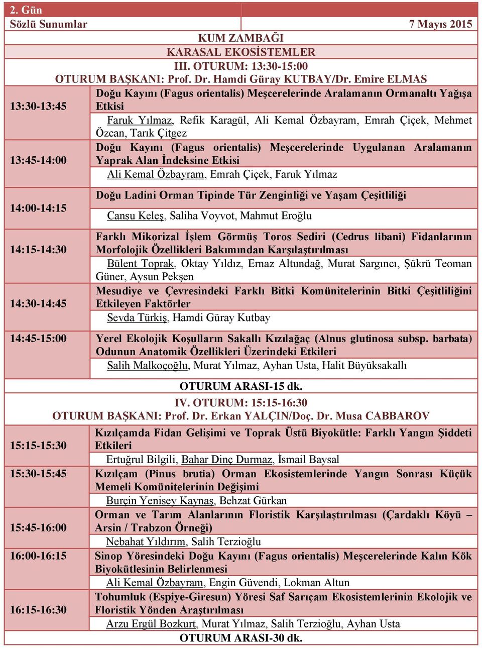 Kayını (Fagus orientalis) Meşcerelerinde Uygulanan Aralamanın 13:45-14:00 Yaprak Alan İndeksine Etkisi Ali Kemal Özbayram, Emrah Çiçek, Faruk Yılmaz 14:00-14:15 14:15-14:30 14:30-14:45 Doğu Ladini