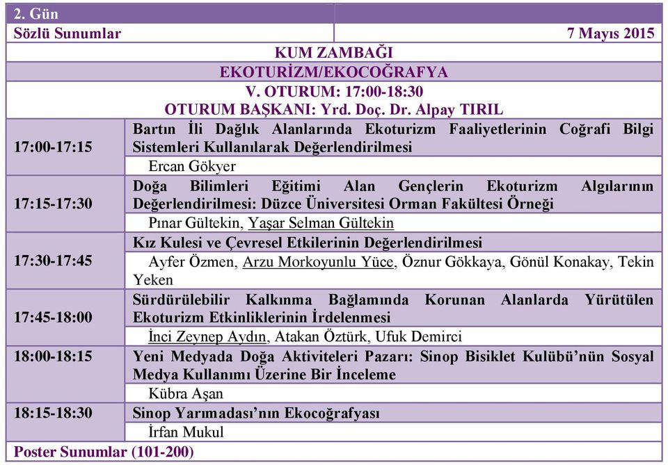 Algılarının 17:15-17:30 Değerlendirilmesi: Düzce Üniversitesi Orman Fakültesi Örneği Pınar Gültekin, Yaşar Selman Gültekin Kız Kulesi ve Çevresel Etkilerinin Değerlendirilmesi 17:30-17:45 Ayfer