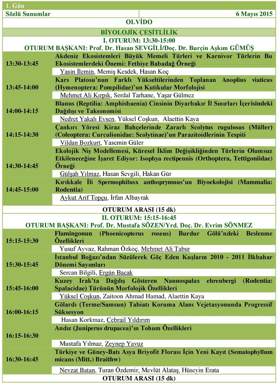 Burçin Aşkım GÜMÜŞ Akdeniz Ekosistemleri Büyük Memeli Türleri ve Karnivor Türlerin Bu 13:30-13:45 Ekosistemlerdeki Önemi: Fethiye Babadağ Örneği Yasin İlemin, Memiş Kesdek, Hasan Koç Kars Platosu nun