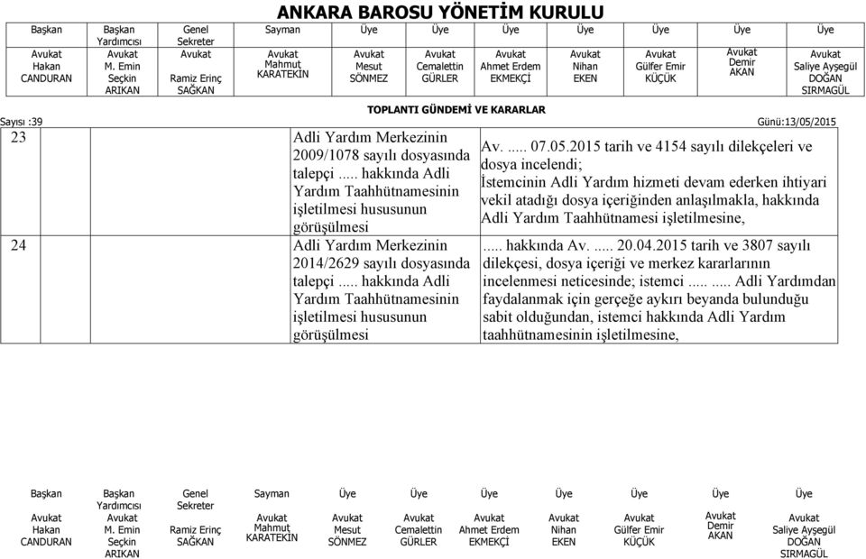 .. hakkında Adli Yardım Taahhütnamesinin işletilmesi hususunun görüşülmesi Av.... 07.05.